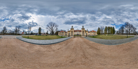 Obraz premium 360 hdri panorama overlooking restoration of the historic castle or palace with columns and gate in seamless spherical equirectangular projection