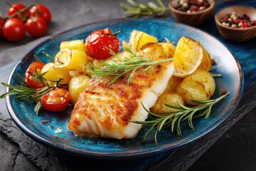 Seafood meal pan fried fish roasted potatoes and veggies