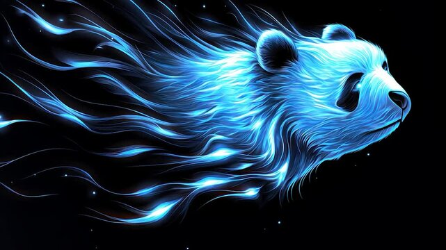 Glowing blue panda head against a black background with swirling lines