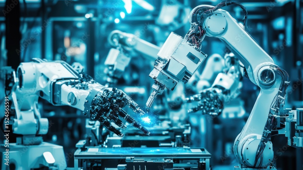 Poster industrial automation setup displaying seamless coordination between robotic units and ai systems