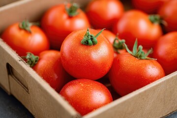 set of red tomatoes in a box at the front