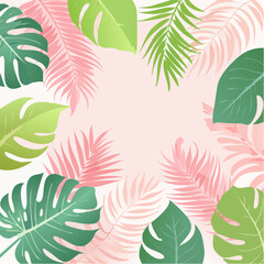 A vibrant tropical pattern featuring monstera, banana, and palm leaves repeating in a flat, modern vector style with rich green and pink tones.
