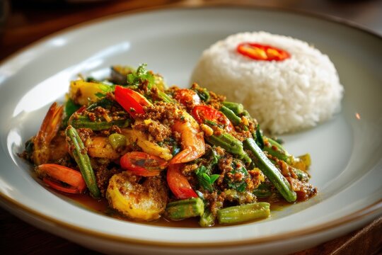Shrimp and bitter bean stir fry with rice recipe Goong Pad Kapi Sator Thai spicy curry side view