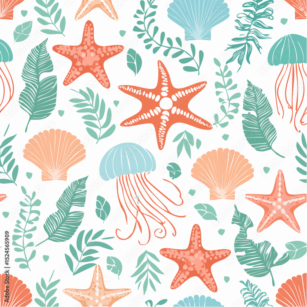 Fototapete a dynamic underwater pattern with starfish, jellyfish, seaweed, and shells rendered in refreshing aq