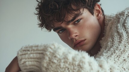 Close-up portrait of a young man with tousled brown hair and intense blue eyes, wearing a chunky cream-colored knit sweater, his gaze directly engaging the
