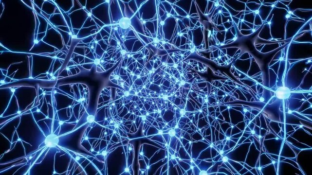 A dynamic video showcasing a neural network concept, with a worm's-eye view, highlighting interconnected glowing neurons in a digital style. Live desktop wallpaper. - Powered by Adobe