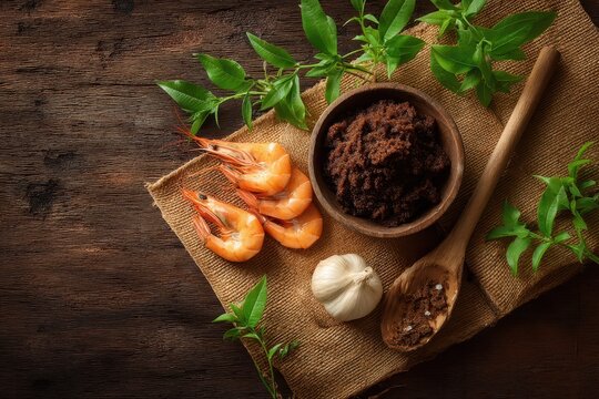 Shrimp paste kapi and component on a brown wooden surface