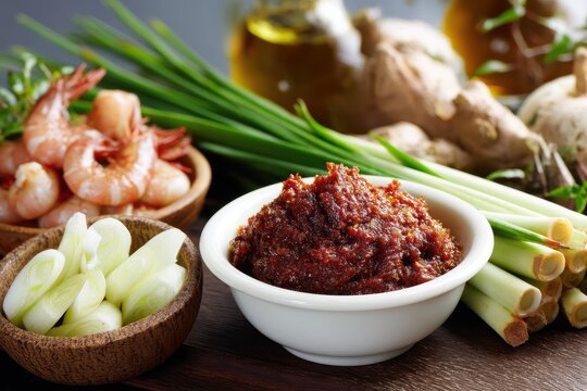 Shrimp paste with lemongrass and chili in a white bowl Mam tom