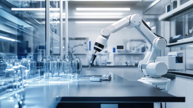 Industrial robotics lab with mechanical arms and automated conveyors awaiting operation