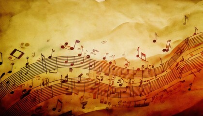 A flowing musical staff with scattered notes on a textured, vintage paper background, creating an artistic and vibrant music-themed design.