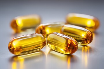 Softgel capsules of cod liver oil vitamins D E A in a cosmetic serum Close up focused view
