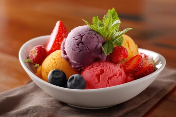 Sorbet ice cream made from fresh fruit in a white dish