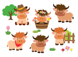 Cute baby Highland cow vector illustration set, including standing and sitting poses.