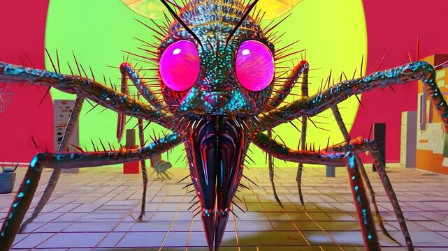 A vibrant, stylized insect with glowing pink eyes and spiky limbs, positioned in a neon-colored geometric environment