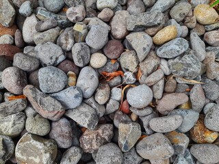 A varied pile of grey and brown river rocks, showcasing natural textures and shapes, ideal for...