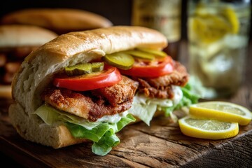 Southern style catfish poboy with lettuce tomato and pickle