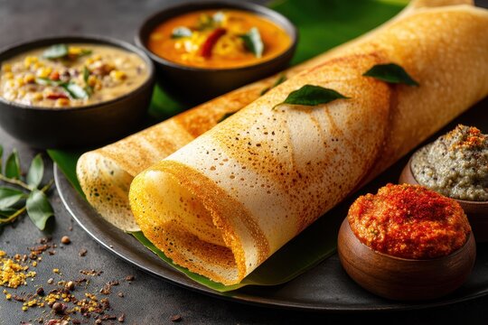 South Indian breakfast featuring various dosas including plain and masala served with chutney and sambar