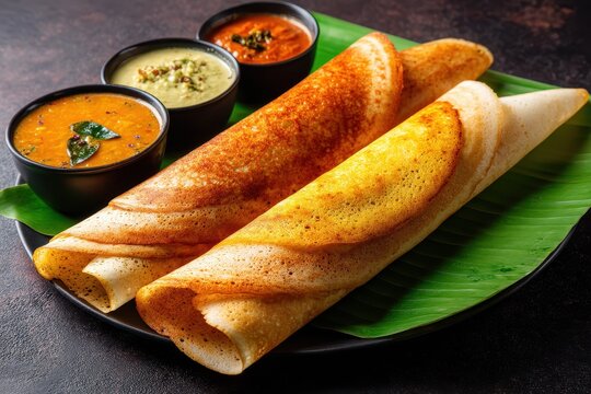 South Indian breakfast features homemade dosa varieties plain masala and maisuri ghee roast served with chutney and sambar
