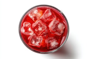 Top down view of a glass of red juice with ice on a white background