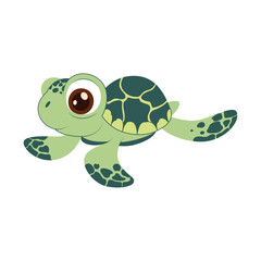 Happy baby sea turtle with big eyes and green shell. Cute vector animal for kids' designs, books, or educational ocean projects.