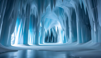 Majestic turquoise ice cave with stalactite formations, reflective ice floor, and soft light in frozen tunnel