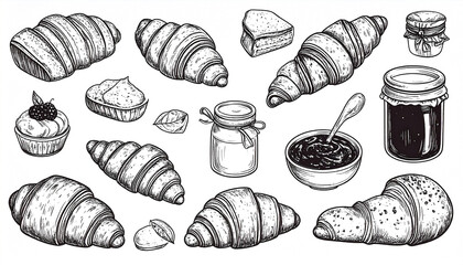 Hand-drawn collection of croissants, pastries, jam, and butter, depicted in monochrome ink style with detailed textures and shading, showcasing various shapes and arrangements