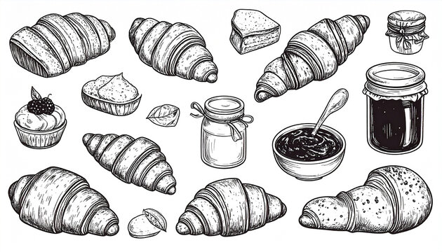 Hand-drawn collection of croissants, pastries, jam, and butter, depicted in monochrome ink style with detailed textures and shading, showcasing various shapes and arrangements
