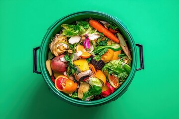 Top view of a green compost bin filled with sorted kitchen scraps for recycling promoting a sustainable lifestyle