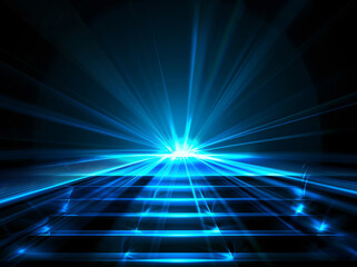 Obraz premium Abstract black background with glowing blue light rays and a dark stage with stairs on the floor, an empty virtual space for display or presentation in a futuristic style. Glowing lines and reflection