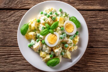 Top view of a white plate featuring a homemade salad with cod liver peas egg cheese mayonnaise and basil set against a wooden backdrop