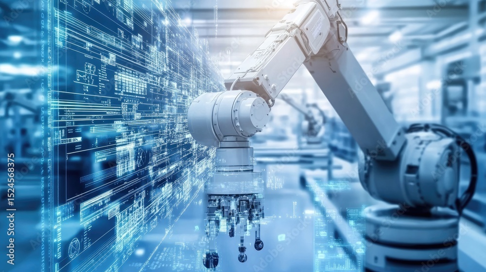 Poster robotics-driven smart factory floor with sensors, data screens, and precise mechanical systems