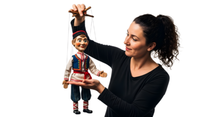 Woman with Traditional Puppet on White Background