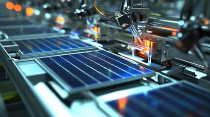 Fototapeta premium Renewable energy manufacturing plant producing solar panels on automated production lines