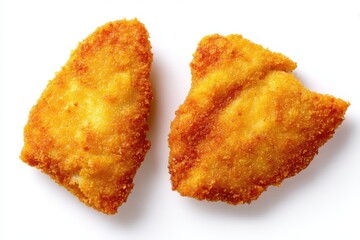 Top view of battered fish fillets on white backdrop