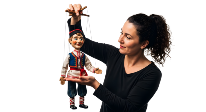 Woman with Traditional Puppet on White Background