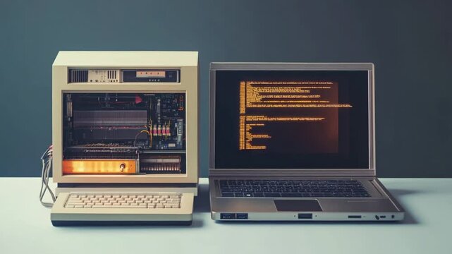 Evolution of computing: Comparing vintage desktop to a modern laptop highlighting technology