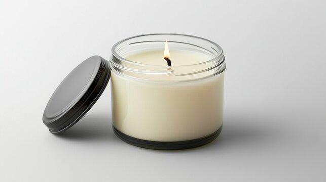 A lit, off-white jar candle with a black lid slightly ajar, sits on a plain white background. The candle is cylindrical, the wax is smooth and the flame is small and bright