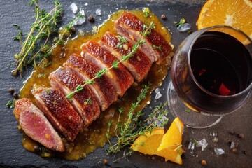 Top view of duck breast with orange sauce and thyme paired with red wine