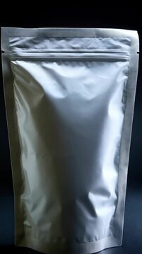 Silver pouch packaging on black surface, food container, blank foil package with a sealed zipper, flexible vacuum bag for storage