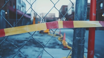 Temporary fencing and caution tape enclosing quiet urban construction site