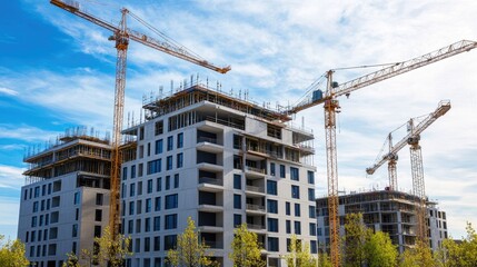 Urban landscape with several partially completed buildings and construction equipment