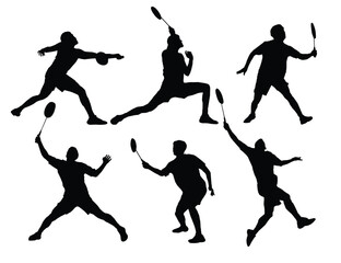 set of silhouettes of athletes or male badminton players. isolated on white background. graphic vector illustration