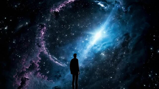 Silhouette of a person gazing at a cosmic scene with stars and nebulae. Low-angle shot creates a sense of wonder, like a scene from a sci-fi video. Live desktop wallpaper.