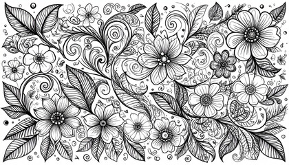 Intricate monochrome floral illustration featuring various flower types, leaves, and swirling vines in a densely patterned design