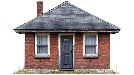 A small, neglected red brick house with a dark gray door, two windows, a gabled roof, and a chimney; showing signs of age and disrepair, set against a white background