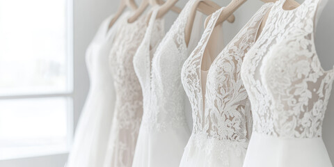 Elegant wedding dresses with lace details are displayed on hangers in a row. Bridal fashion and elegance