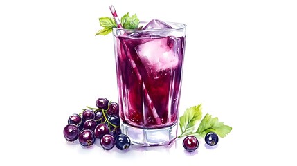 A glass with a blackcurrant drink and a set of fresh ripe berries. Hand drawn watercolor illustration isolated on white background. 