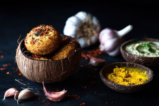 Ulundu vadai with spicy coconut chutney in a coconut shell on a black backdrop with turmeric and garlic