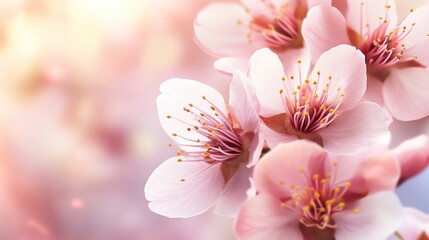 Fototapeta premium Delicate pink cherry blossoms blooming in spring with soft sunlight and gentle hues