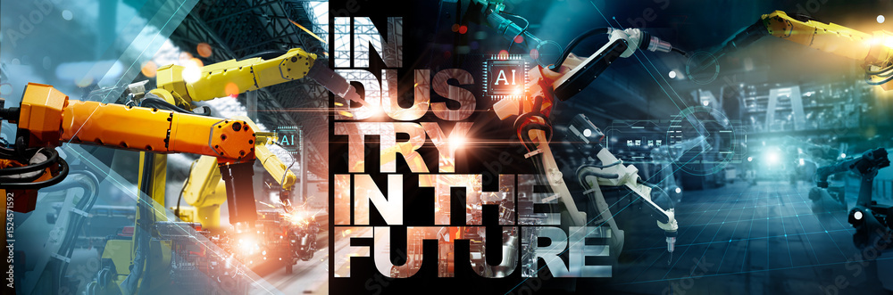 Poster .industry 4.0, robotics automatic arms machine in intelligent factory automotive industrial with int